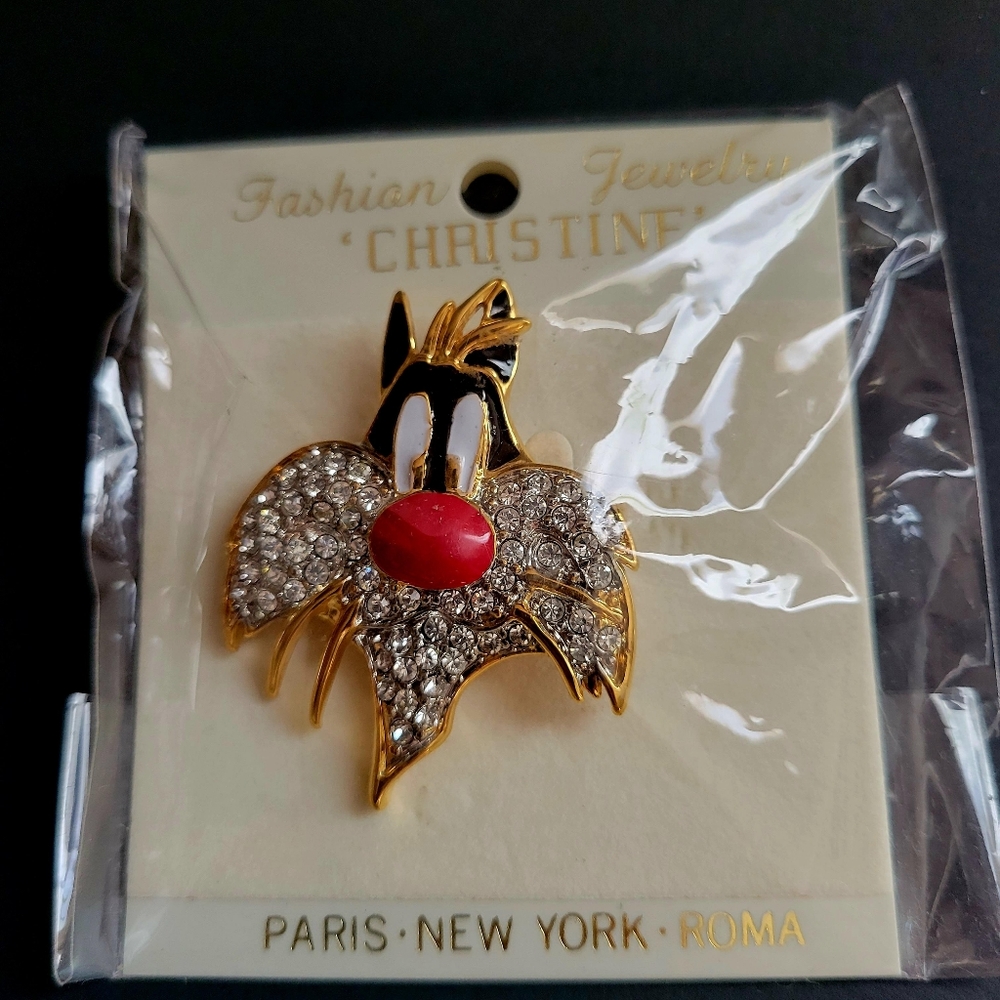 Vtg Warner Bros Sylvester the cat Rhinestone Brooch 🌟